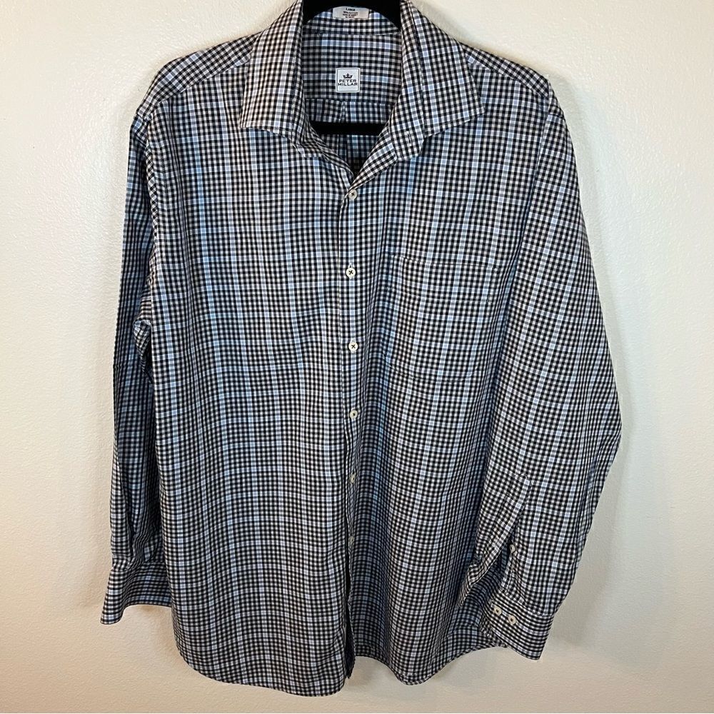 Peter Millar Button Down Shirt Mens Sz Large Blue White Check Plaid Long Sleeve